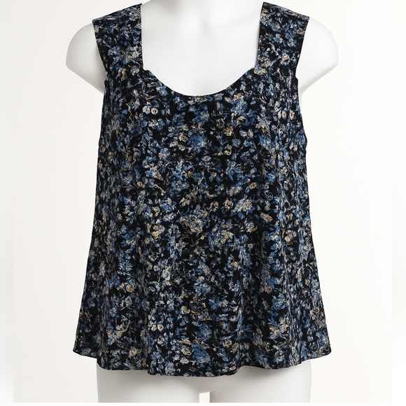 Skye’s the Limit Blue Floral Sleeveless Blouse Lace Trim Boho Tank Top Large - Picture 1 of 3